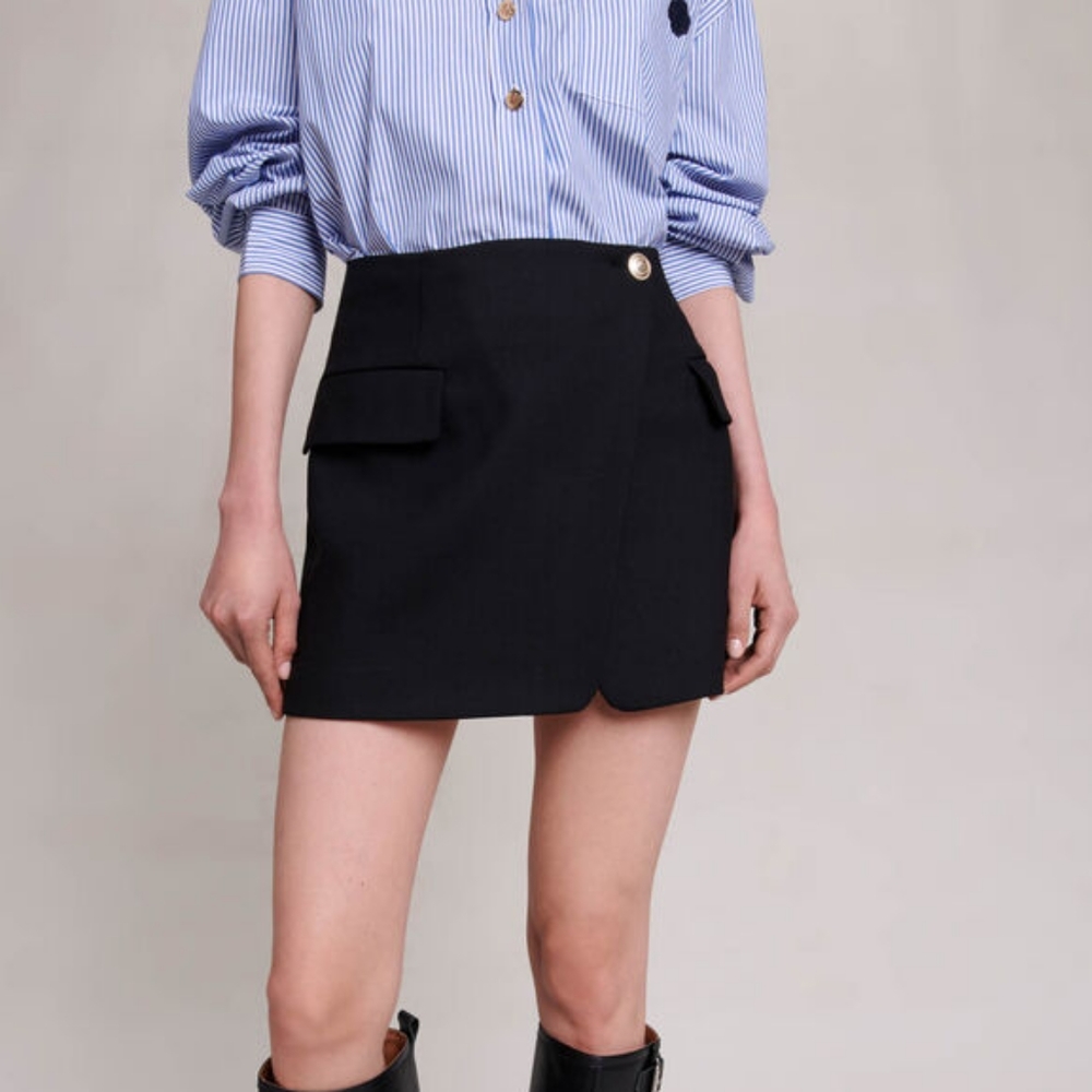 MAJE Asymmetric Black Wool Wrap Skirt With Pockets, NWT. Sz L